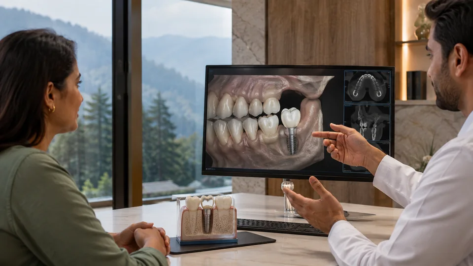 Dentist discussing a digital dental implant plan with an Indian adult patient