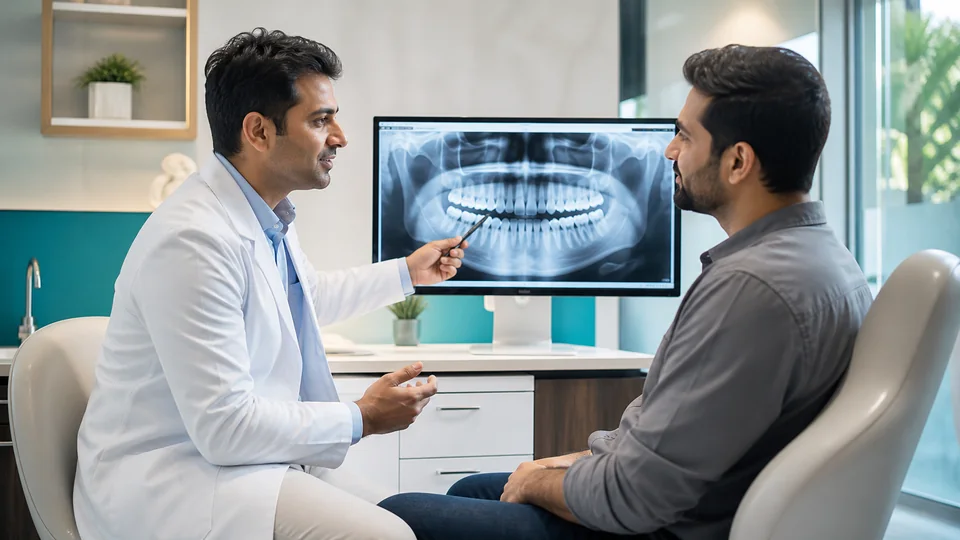 Dentist explaining a dental X-ray and treatment options to an Indian adult patient
