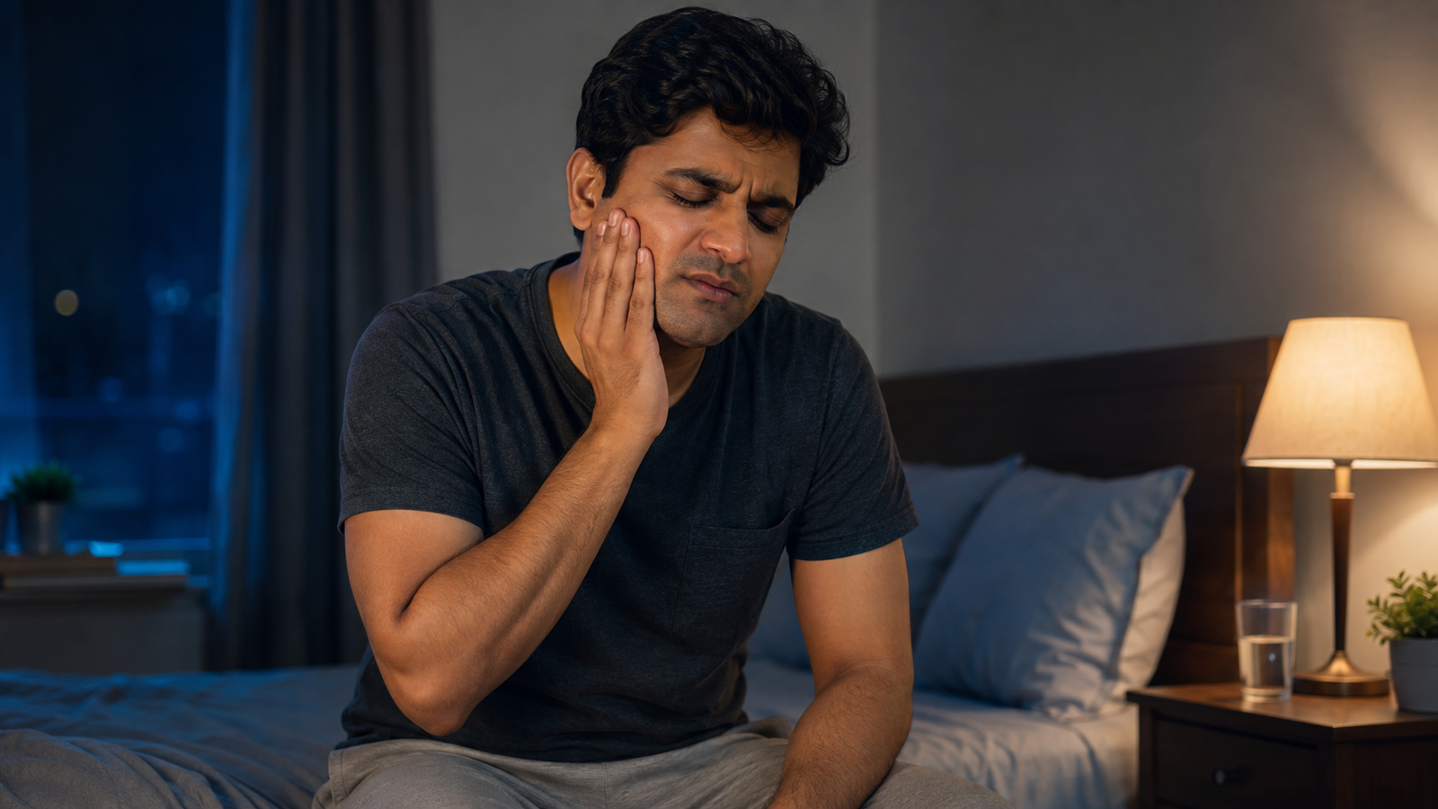 Indian adult holding their cheek because of tooth and jaw discomfort at night