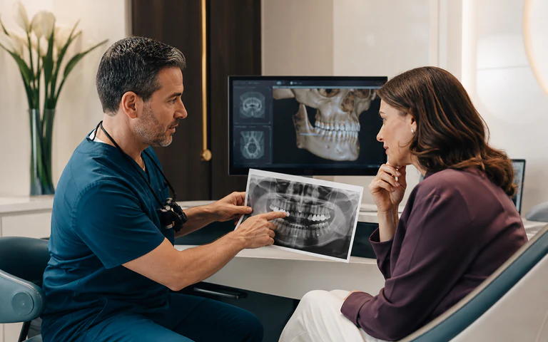 Dentist reviewing a dental X-ray during a wisdom tooth assessment